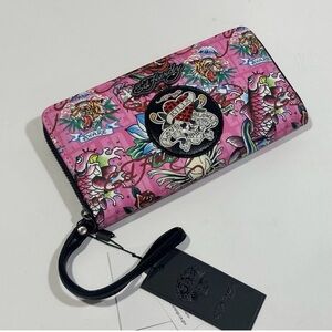 Ed Hardy Pink Love Kills Slowly Tattoo Print Zip Around Wristlet Wallet